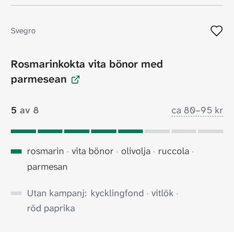 Ett receptkort för rosmarinkokta vita bönor med parmesan hos Willys Lund: 5 av 8 ingredienser på extrapris och priset ca 80–95 kr till höger.