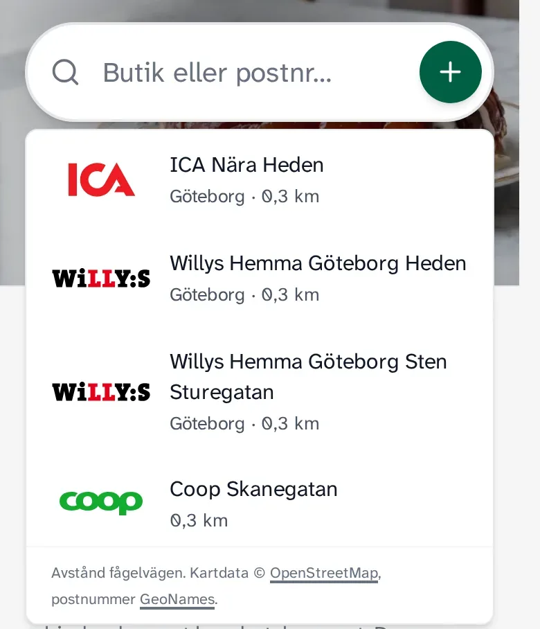 Butikerna närmast en plats i Göteborg: ICA Nära Heden, Willys Hemma Göteborg Heden, Willys Hemma Göteborg Sten Sturegatan och Coop Skånegatan, alla 0,3 km bort.