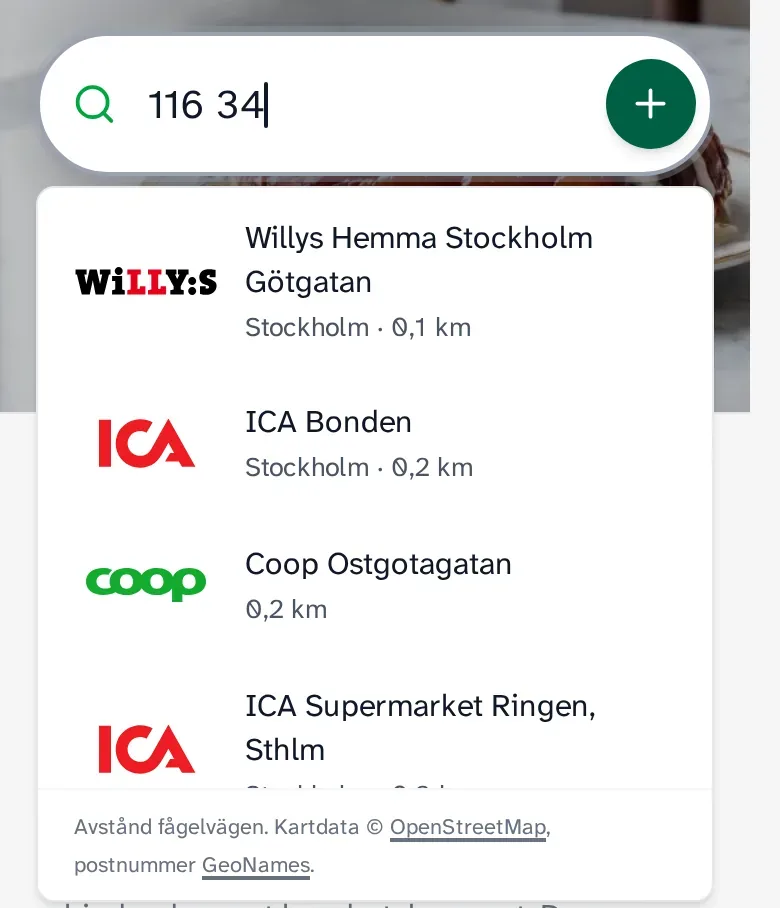 Sökrutan med postnumret 116 34 och en lista över närmaste butiker: Willys Hemma Stockholm Götgatan 0,1 km, ICA Bonden 0,2 km, Coop Östgötagatan 0,2 km och ICA Supermarket Ringen.