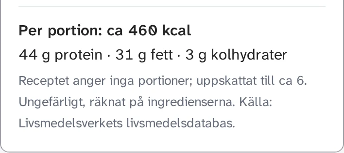 Per portion ca 460 kcal, 44 g protein, 31 g fett och 3 g kolhydrater. Under står att receptet inte anger några portioner och att de är uppskattade till ca 6.