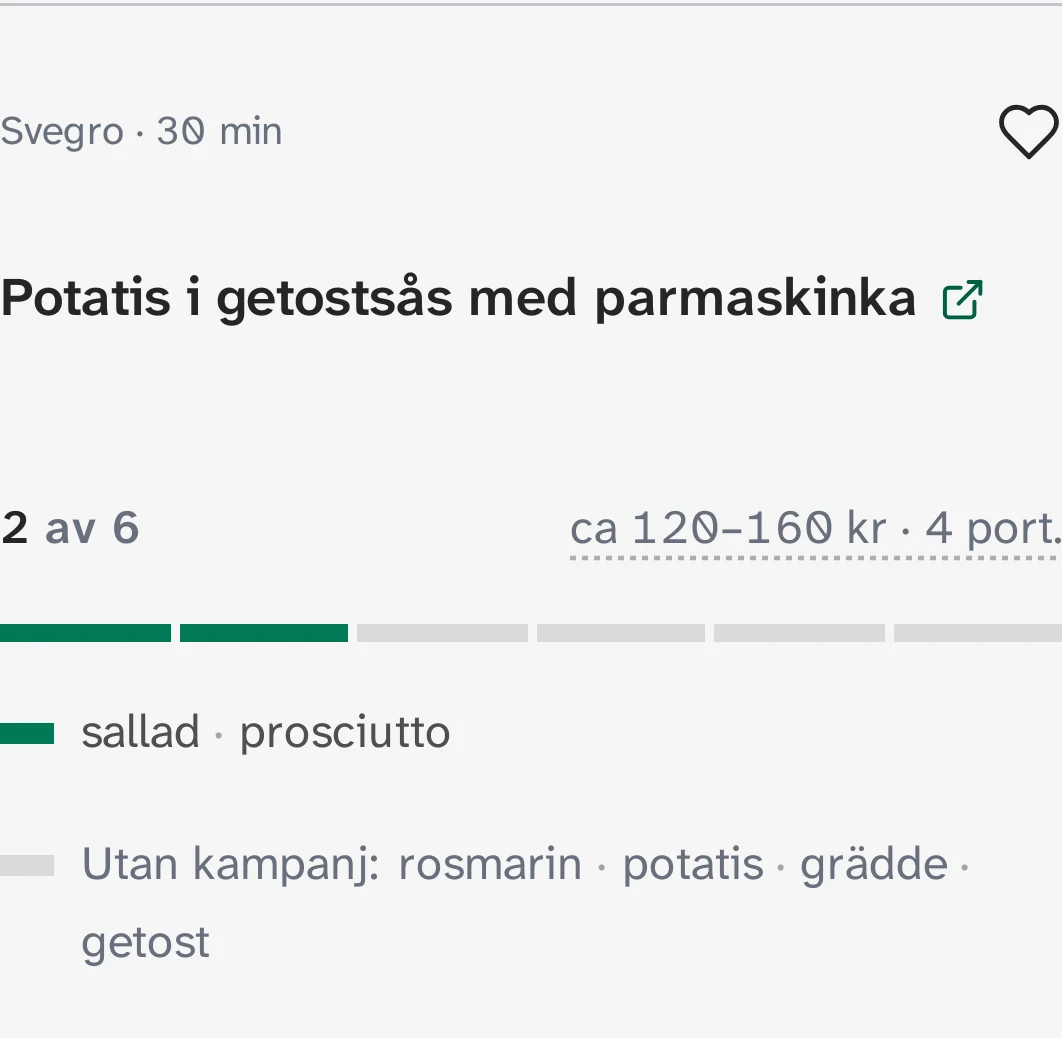 Förhandsvisning av ett receptkort: Potatis i getostsås med parmaskinka från Svegro. Överst står 'Svegro · 30 min', receptets egen tid, före titeln. Funktionen är inte live än.