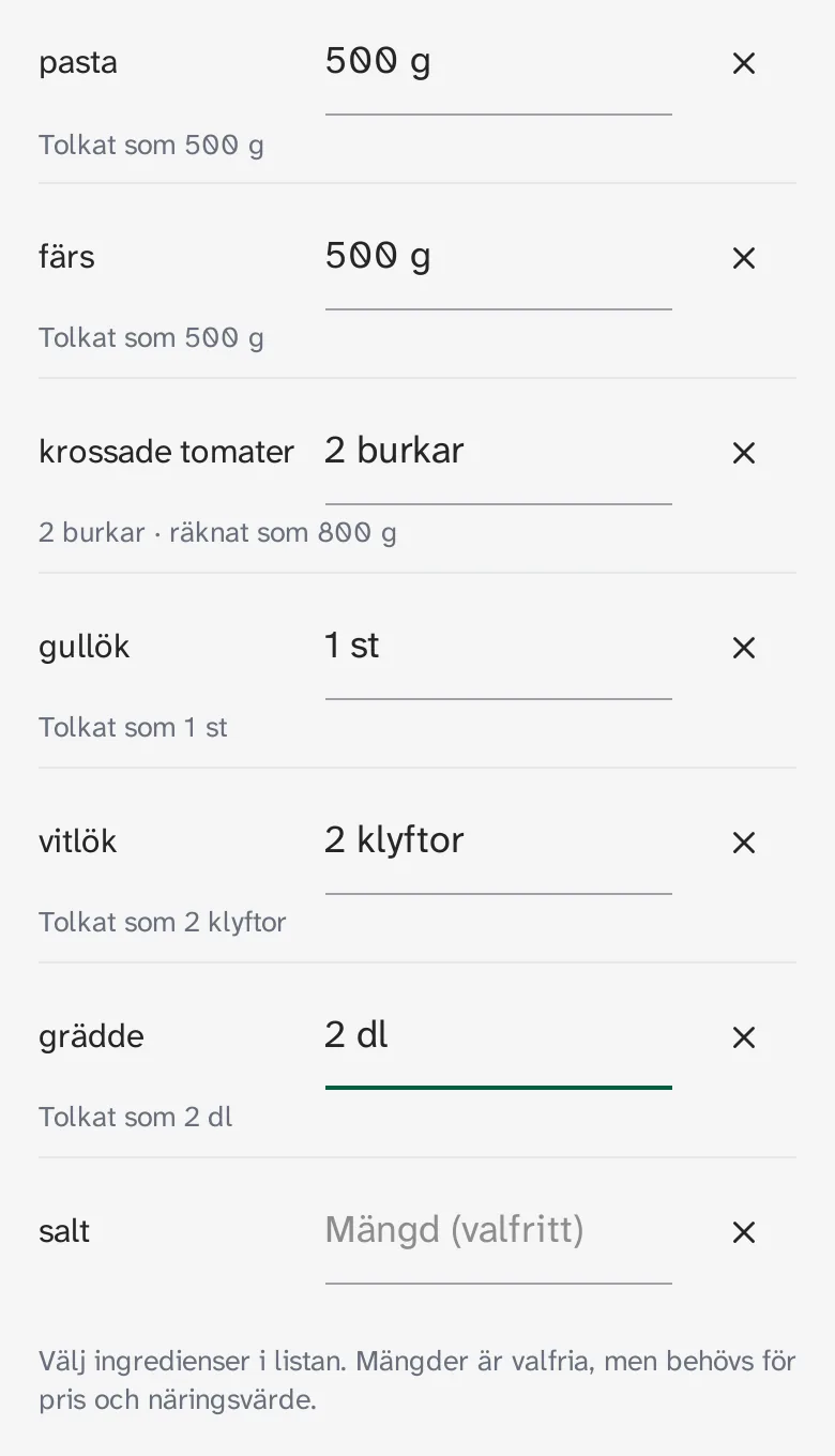 Ingredienserna i redigeraren för ett eget receptkort. Pasta 500 g, tolkat som 500 g. Färs 500 g, tolkat som 500 g. Krossade tomater 2 burkar, räknat som 800 g. Gullök 1 st. Vitlök 2 klyftor. Grädde 2 dl. Salt utan mängd. Under listan: Mängder är valfria, men behövs för pris och näringsvärde.